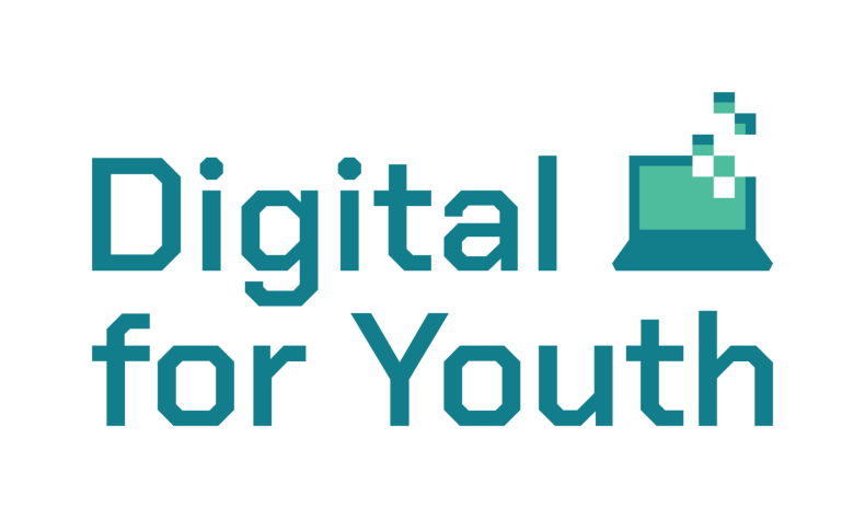 Logo de Digital for Youth avec une ic&ocirc;ne d'ordinateur en bleu clair et du texte en bleu fonc&eacute; et noir