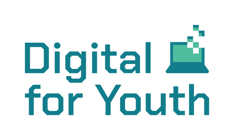 Logo de Digital for Youth avec une icône d'ordinateur en bleu clair et du texte en bleu foncé et noir