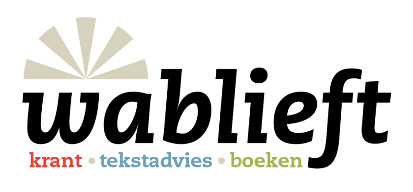 Logo avec un symbole abstrait ressemblant à un livre ouvert au-dessus du texte 'krant o tekstadvies o boeken' en noir, sur fond blanc