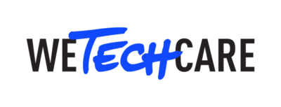 Logo de 'WeTechCare' écrit en lettres cursives bleues et noires